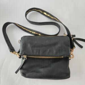 J. Crew Navy Blue Leather Foldover Crossbody Bag with Brass Zippered Details